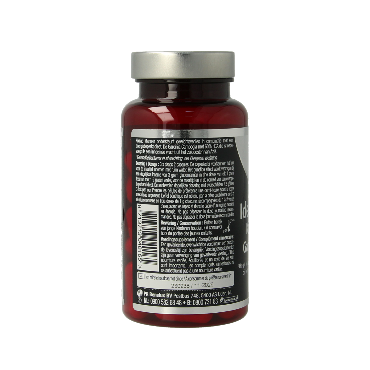 Lucovitaal Ideaal Gewicht Konjac Mannan Garcinia Cambogia capsules, herbal supplement in a bottle with 60 capsules.
