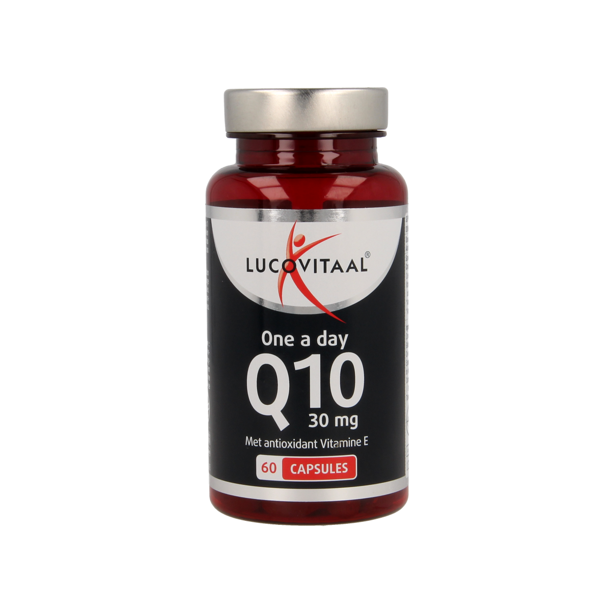 Lucovitaal Q10 30mg capsules, mineral supplement, 60 capsules, showing the bottle with label and capsules inside.
