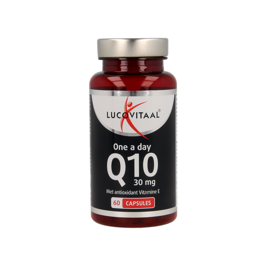 Lucovitaal Q10 30mg capsules, mineral supplement, 60 capsules, showing the bottle with label and capsules inside.