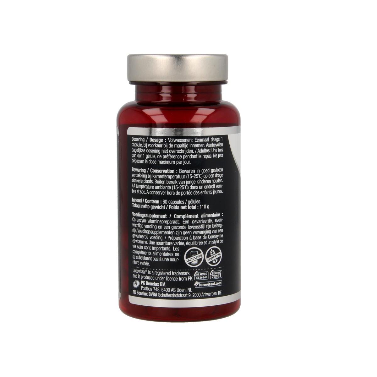 Lucovitaal Q10 30mg capsules, a dietary supplement with 60 softgel capsules, featuring natural Coenzyme Q10 for energy support.