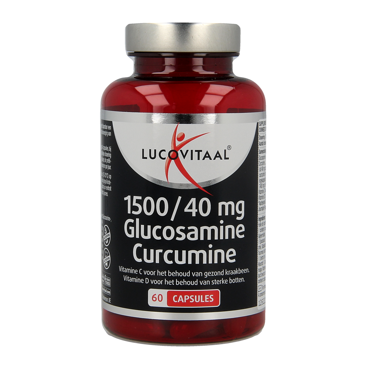 Lucovitaal Glucosamine & Curcumine 1500/40mg mineral capsules, dietary supplement, showing 60 capsules in a bottle.