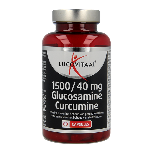 Lucovitaal Glucosamine & Curcumine 1500/40mg mineral capsules, dietary supplement, showing 60 capsules in a bottle.