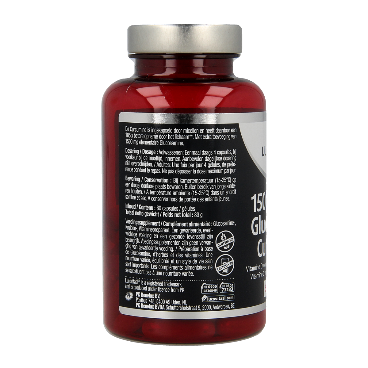 Lucovitaal Glucosamine and Curcumin mineral capsules, 1500/40mg, 60-count, dietary supplement for joint support.