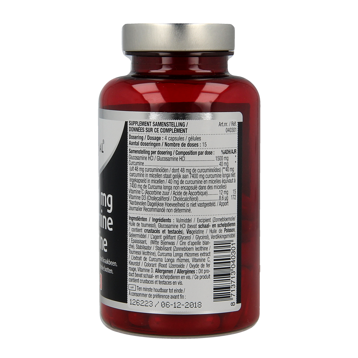 Lucovitaal Glucosamine & Curcumin 1500/40mg mineral supplement capsules, showing a bottle of 60 capsules on a white background.