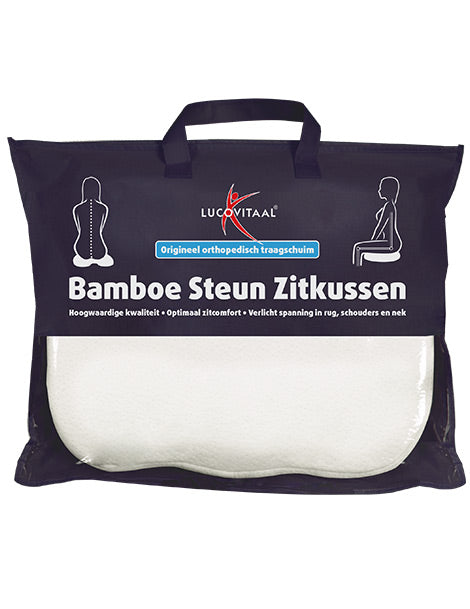 Lucovitaal bamboo sitting cushion showing natural bamboo fabric and ergonomic design for comfort and support.