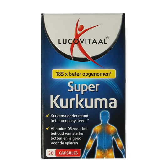 Lucovitaal Super Kurkuma capsules in a bottle, herbal supplement from the kruidenpreparaten category, for joint and health support