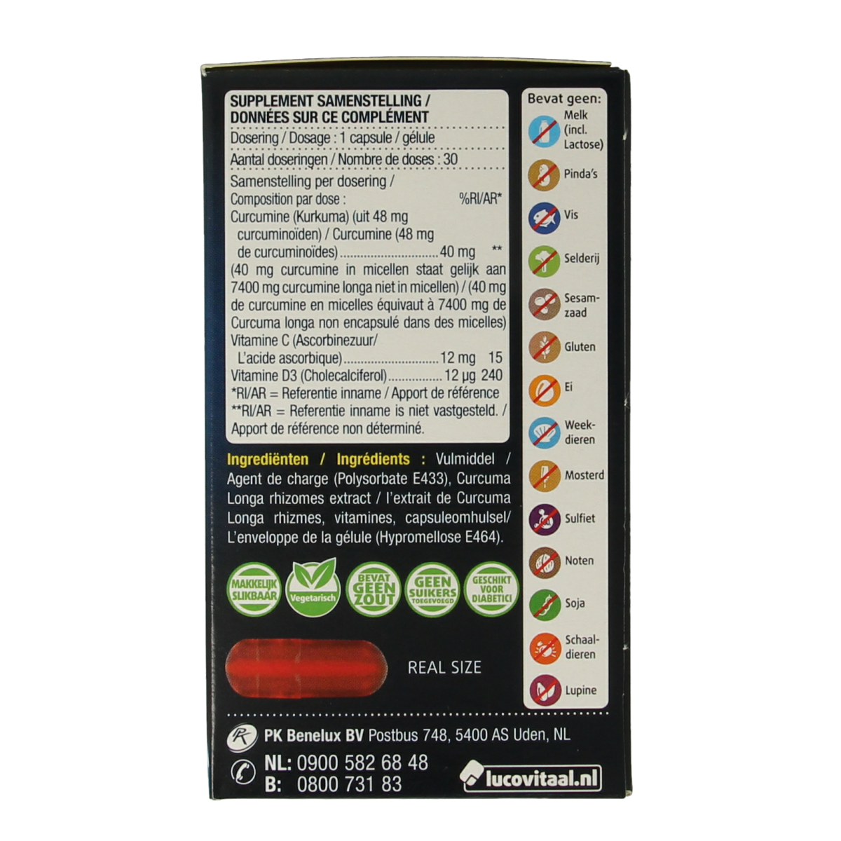 Lucovitaal Super Kurkuma capsules in a bottle, herbal supplement for joint and immune support, 30 capsules.