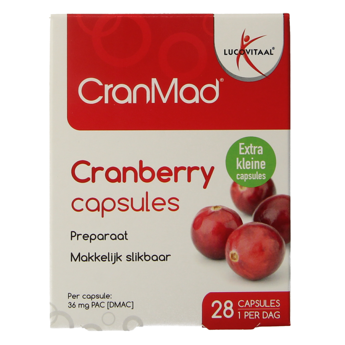 Lucovitaal CranMad herbal supplement capsules, 28-count, featuring natural ingredients for supporting urinary health.