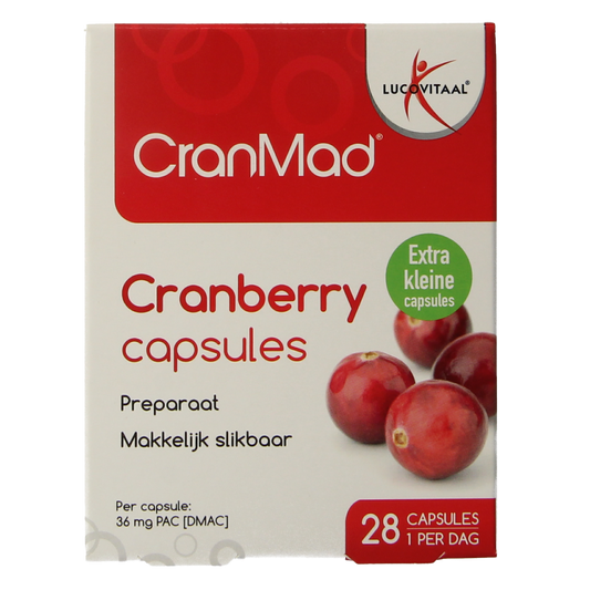 Lucovitaal CranMad herbal supplement capsules, 28-count, featuring natural ingredients for supporting urinary health.