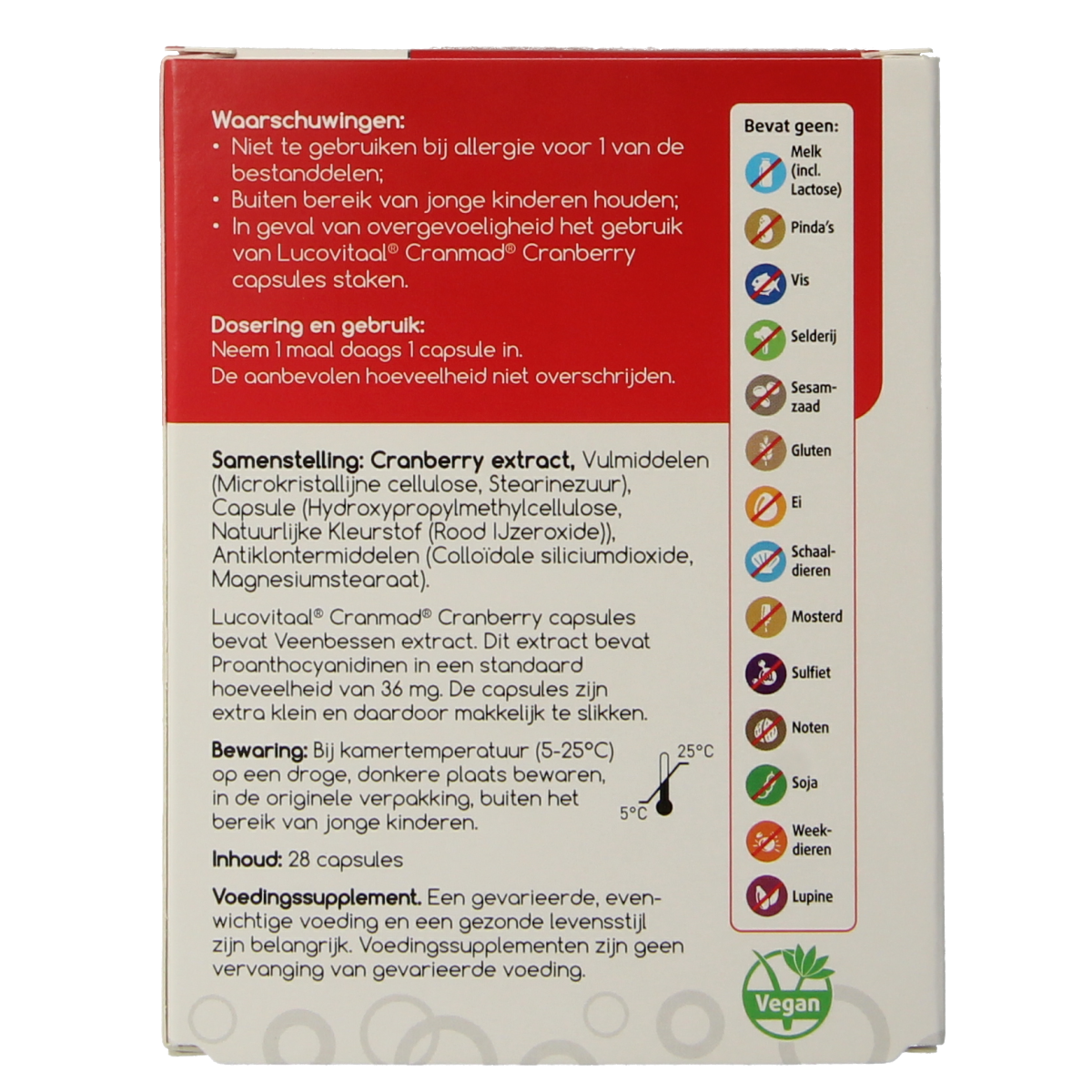 Lucovitaal CranMad capsules, herbal supplement with 28 capsules, featuring cranberry extract and natural ingredients.