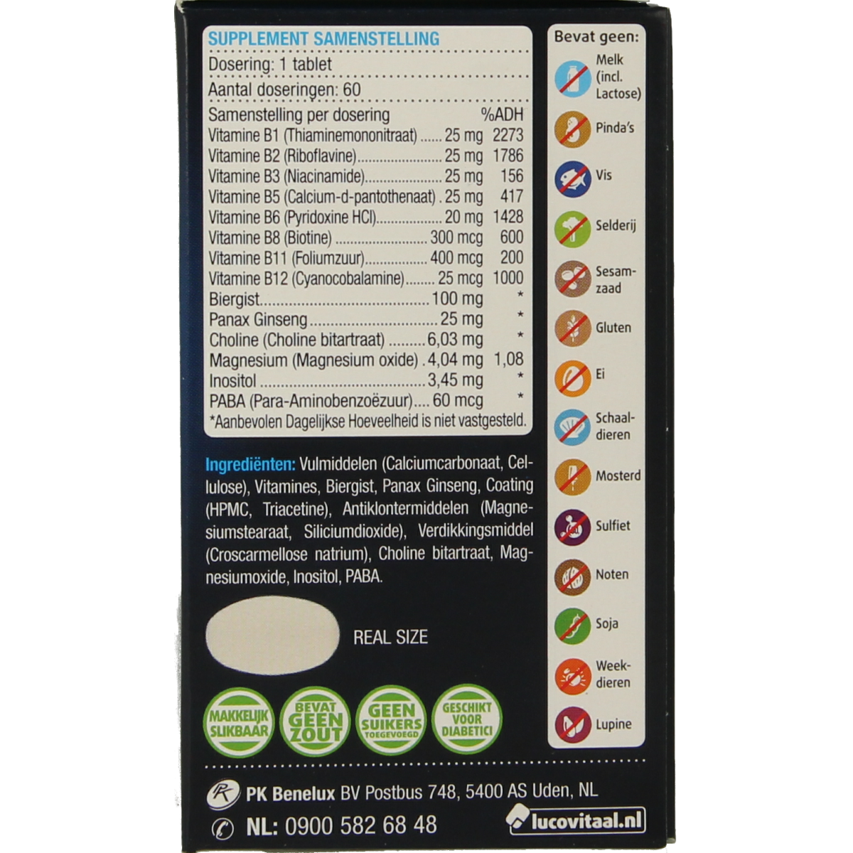 Bottle of Lucovitaal Vitamine B complex forte tablets, supplement with multiple B vitamins in a white container.