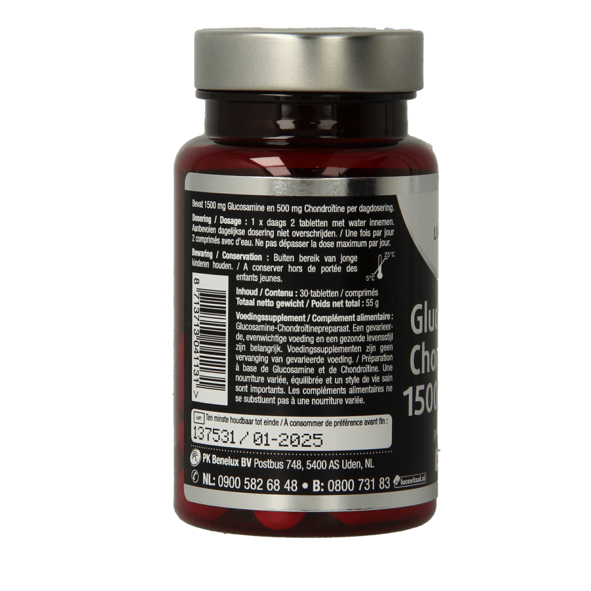 Lucovitaal Glucosamine chondroitine mineral supplement in a bottle of 30 tablets, used for joint support and mobility.