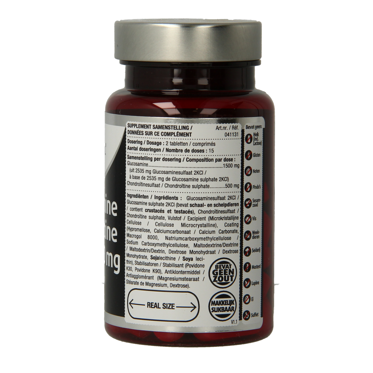 Lucovitaal Glucosamine Chondroitine mineral supplement in a bottle of 30 tablets, showing the product label and tablets inside.