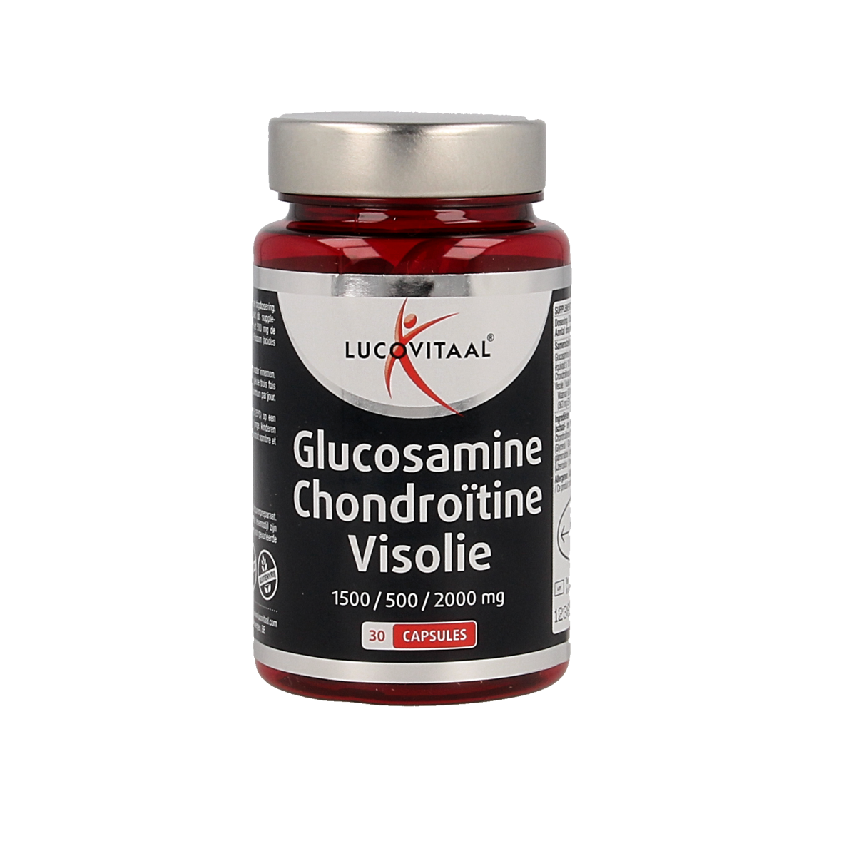 Lucovitaal Glucosamine chondroitine visolie mineralen multivitaminen capsules, 30 capsules, supplement bottle with label