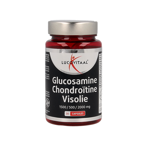 Lucovitaal Glucosamine chondroitine visolie mineralen multivitaminen capsules, 30 capsules, supplement bottle with label