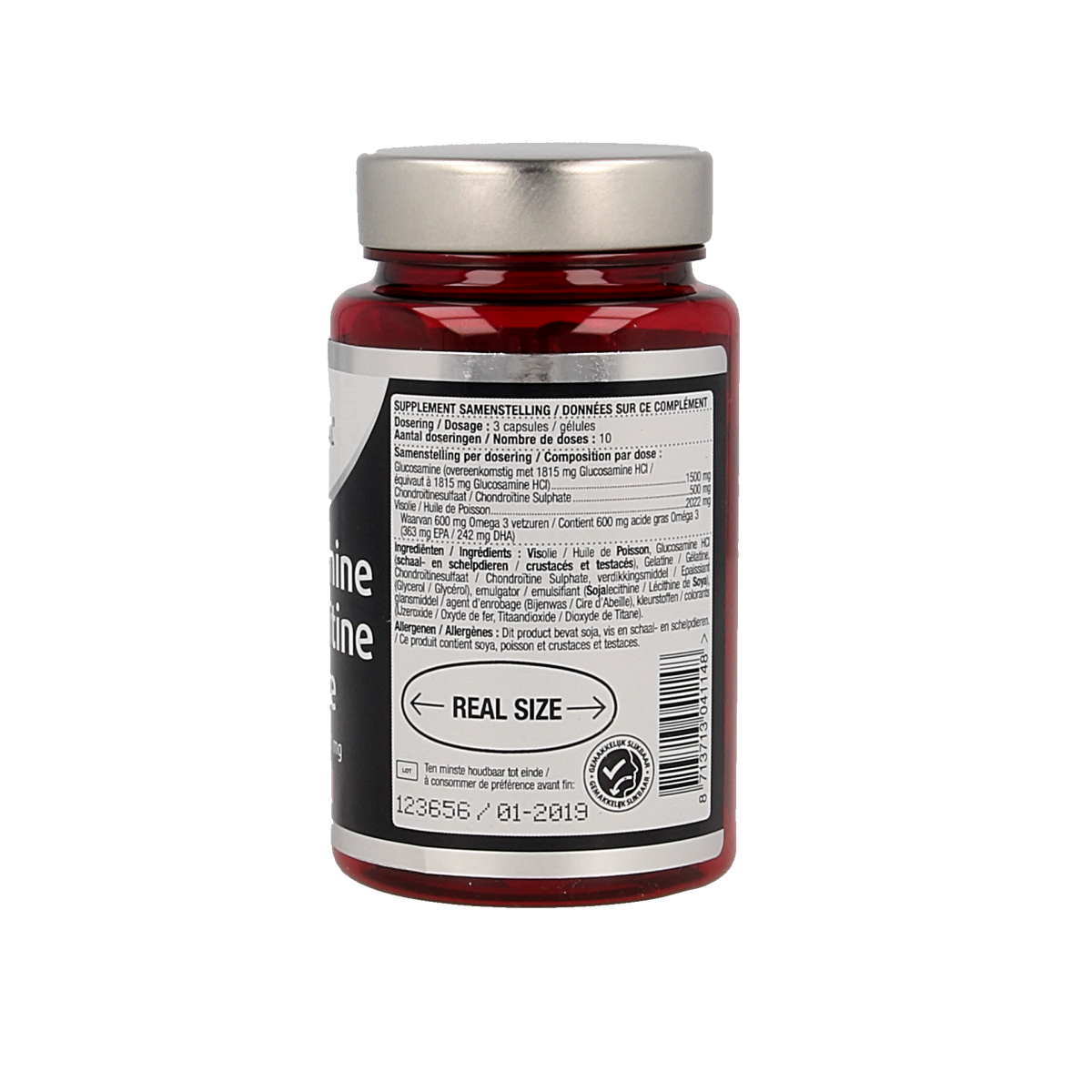 Lucovitaal Glucosamine chondroitine visolie mineralen multi capsules, 30 count, with supplement ingredients and capsule details.