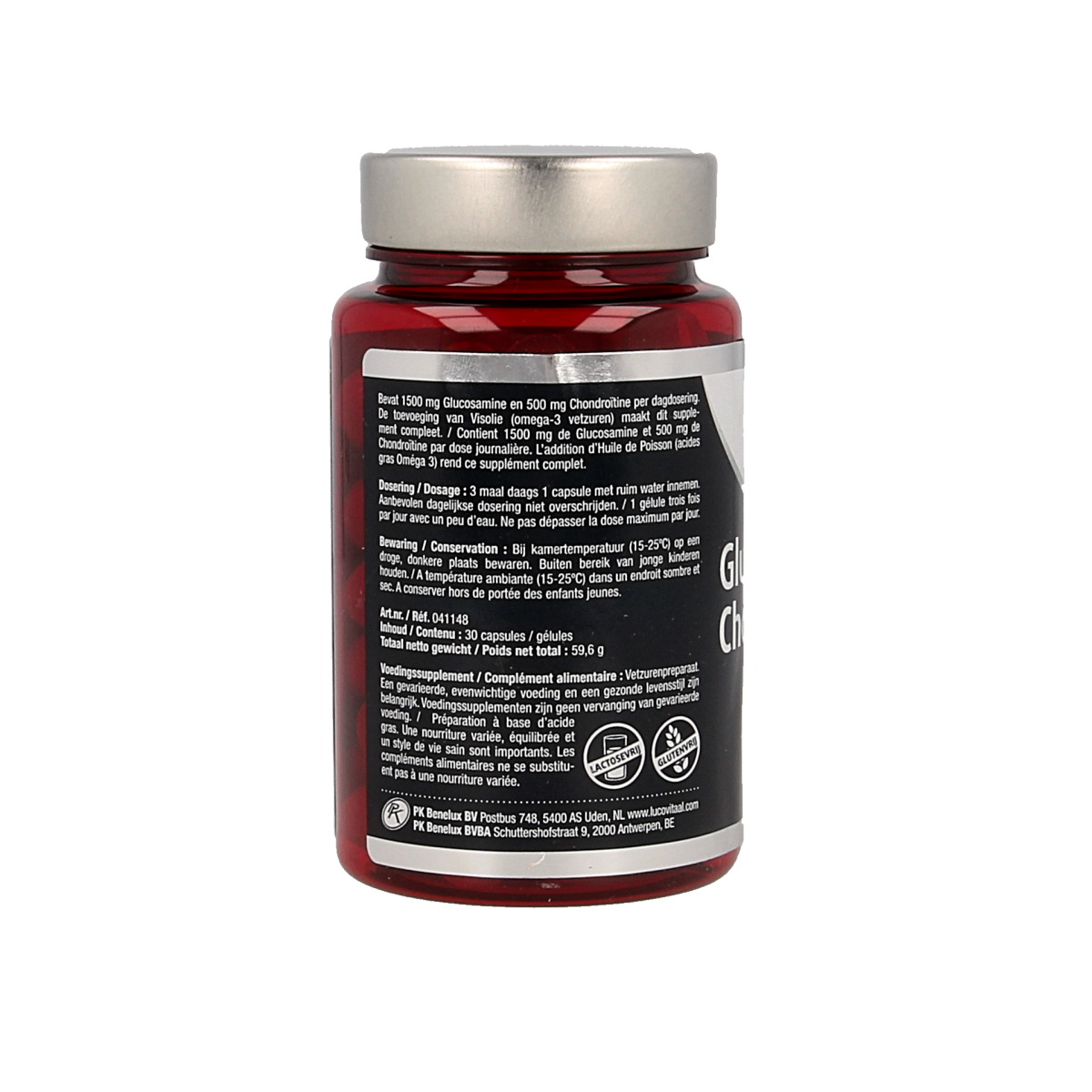 Lucovitaal Glucosamine chondroitine visolie mineralen multivitamine capsules, 30 count, in a blister pack.