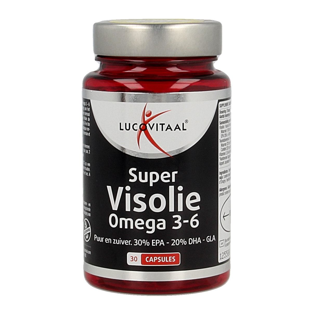 Bottle of Lucovitaal Visolie Omega 3-6 capsules with 30 softgel capsules and label visible.