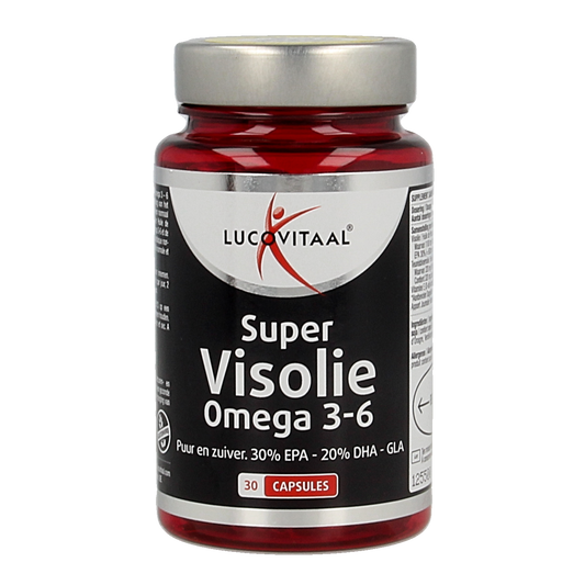 Bottle of Lucovitaal Visolie Omega 3-6 capsules with 30 softgel capsules and label visible.