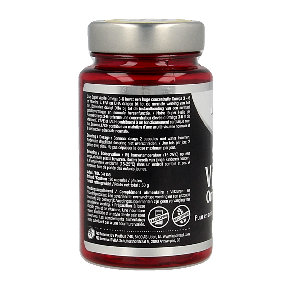 Lucovitaal Omega 3-6 Vetzuren capsules in a bottle, dietary supplement for healthy fatty acids, 30 capsules.