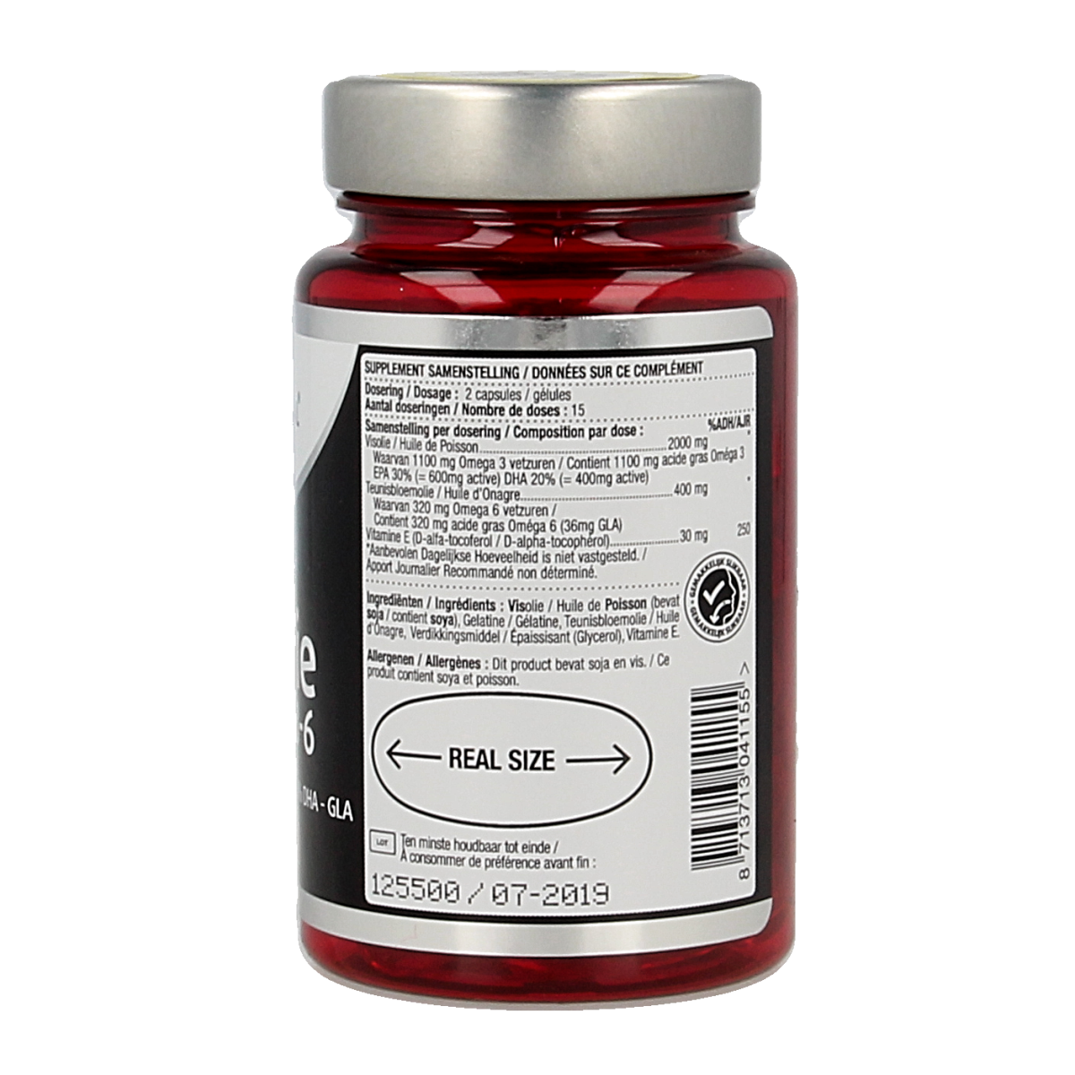 Bottle of Lucovitaal Visolie omega 3-6 vetzuren capsules, dietary supplement with 30 capsules for healthy fatty acids intake.