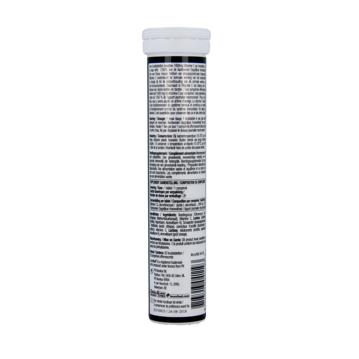 Lucovitaal Vitamine C bruistabletten in een glazen glas, 20 tablet, gezonde citrus supplement voor vitamine C in bruisende vorm