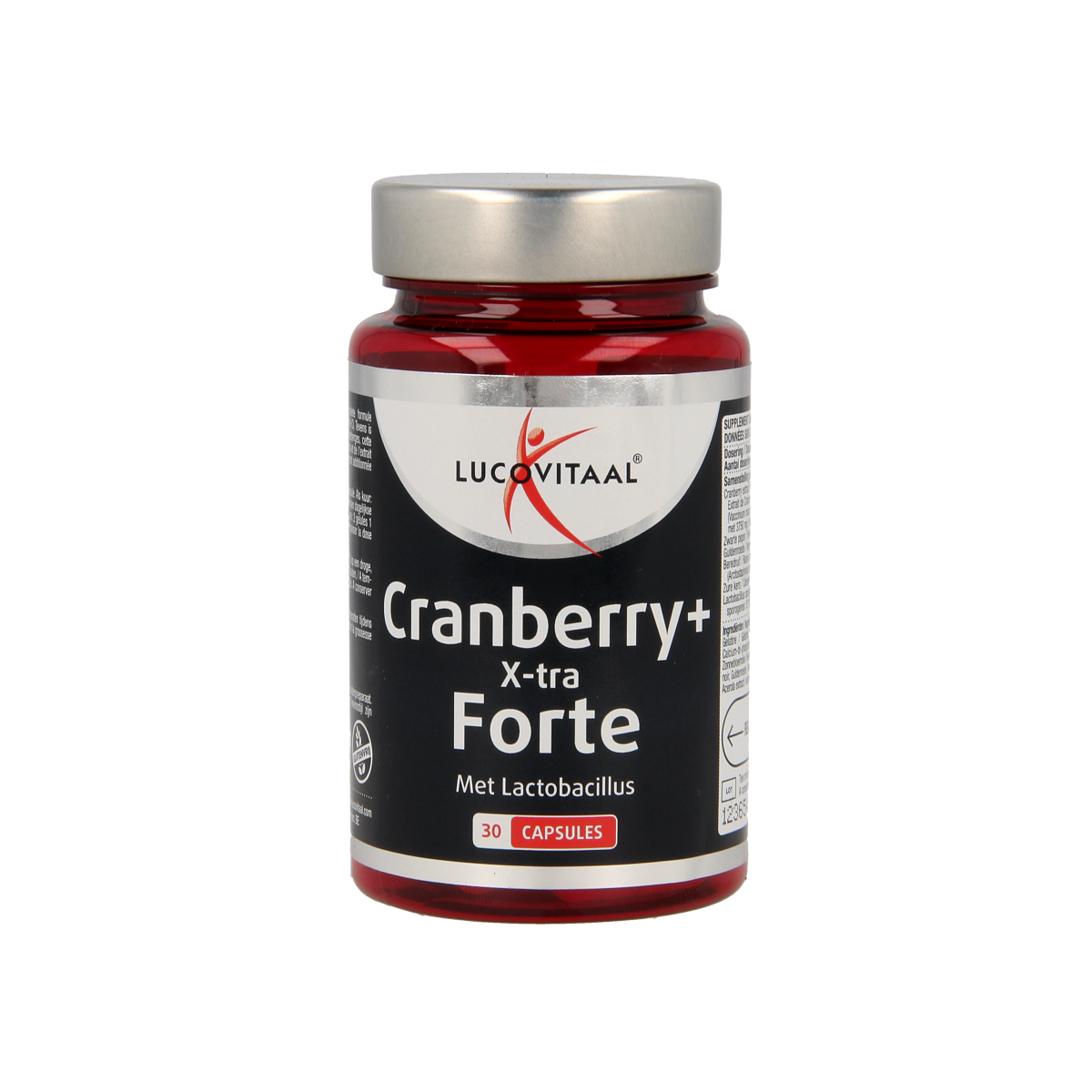 Lucovitaal Cranberry x-tra capsules in a bottle, herbal supplement for urinary health, with a label showing cranberry imagery.
