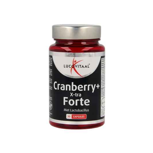 Lucovitaal Cranberry x-tra capsules in a bottle, herbal supplement for urinary health, with a label showing cranberry imagery.
