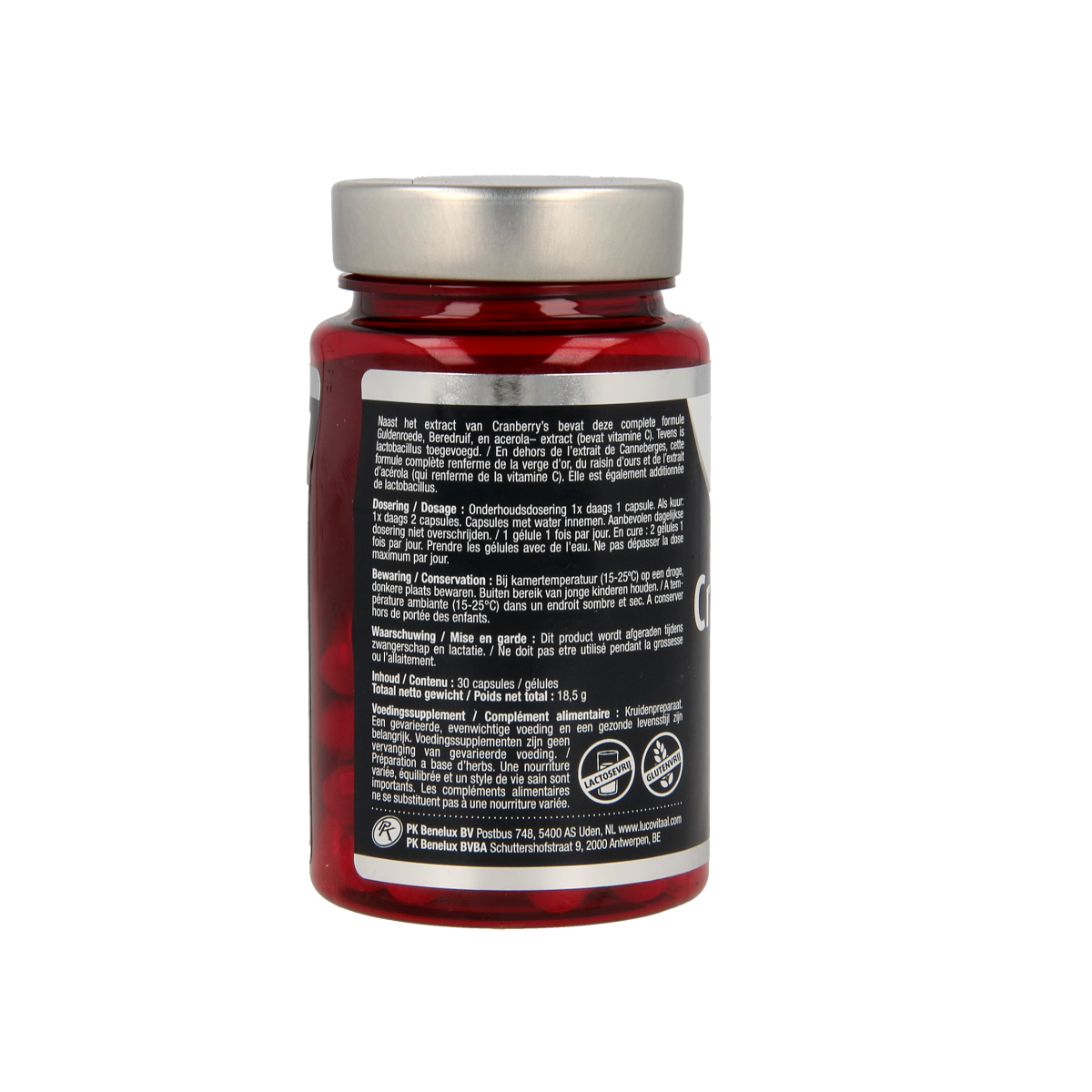 Lucovitaal Cranberry X-tra capsules in a bottle, herbal supplement for urinary health, with 30 capsules visible.
