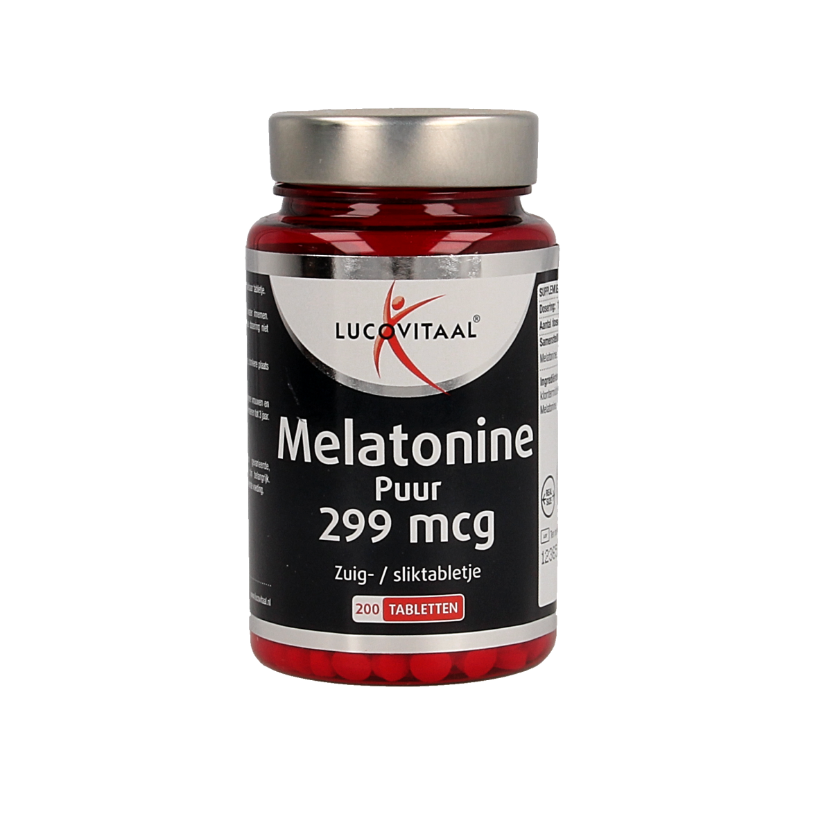 Lucovitaal Melatonine puur 0.299mg herbal supplement in a bottle of 200 tablets, used for sleep support.