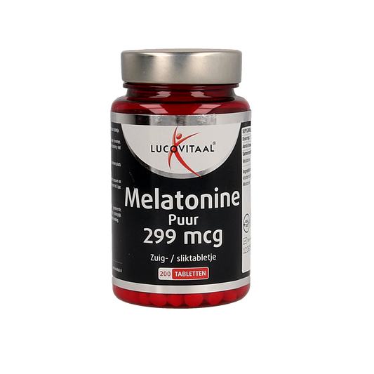 Lucovitaal Melatonine puur 0.299mg herbal supplement in a bottle of 200 tablets, used for sleep support.