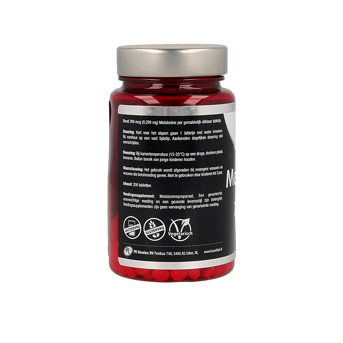 Lucovitaal Melatonine puur 0.299mg kruidenpreparaten supplement in een pot met 200 tabletten, zichtbaar op de afbeelding.
