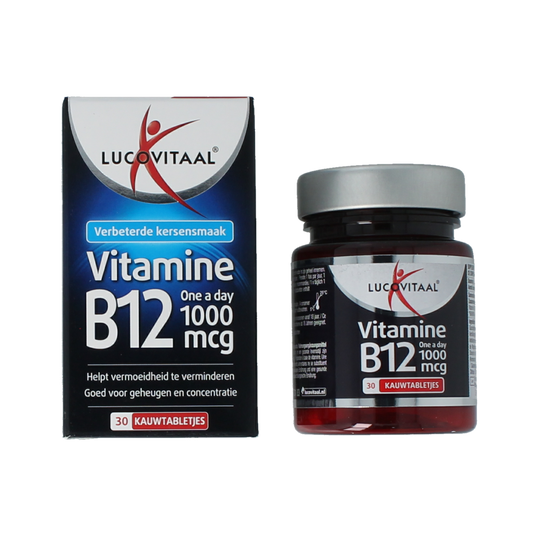 Lucovitaal Vitamin B12 1000mcg chewable tablets, dietary supplement for energy and nerve health, 30 count.