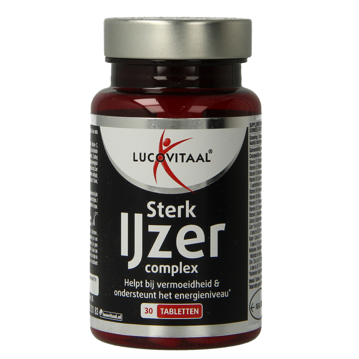 Lucovitaal Sterk Ijzer Complex multivitamine tabletten, 30 stuk, close-up of the vitamin supplement bottles.