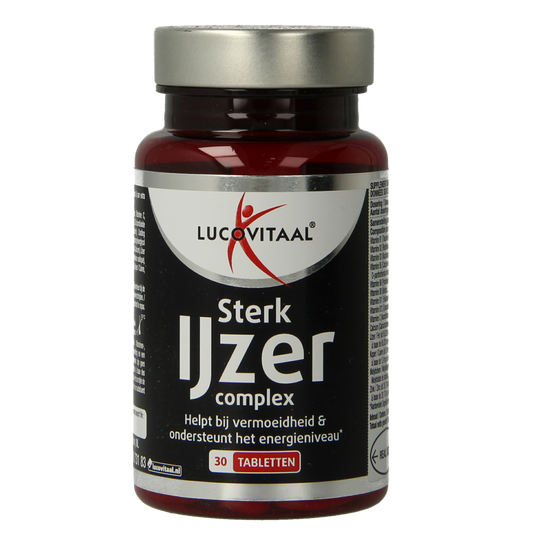 Lucovitaal Sterk Ijzer Complex multivitamine tabletten, 30 stuk, close-up of the vitamin supplement bottles.