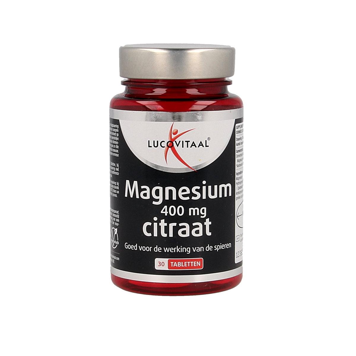 Lucovitaal Magnesium Citraat 400mg mineral supplement tablets, showing a bottle of 30 tablets with label and product details.
