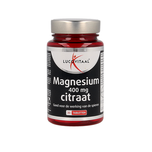 Lucovitaal Magnesium Citraat 400mg mineral supplement tablets, showing a bottle of 30 tablets with label and product details.