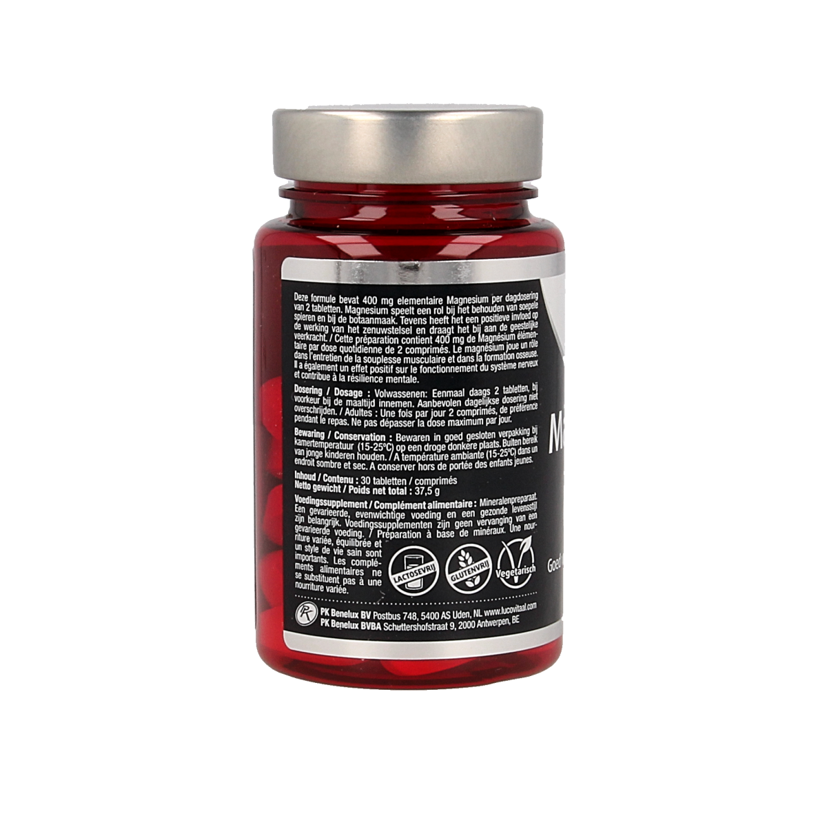 Lucovitaal Magnesium Citraat 400mg mineral supplement tablets, showing a bottle with 30 tablets in a natural setting.
