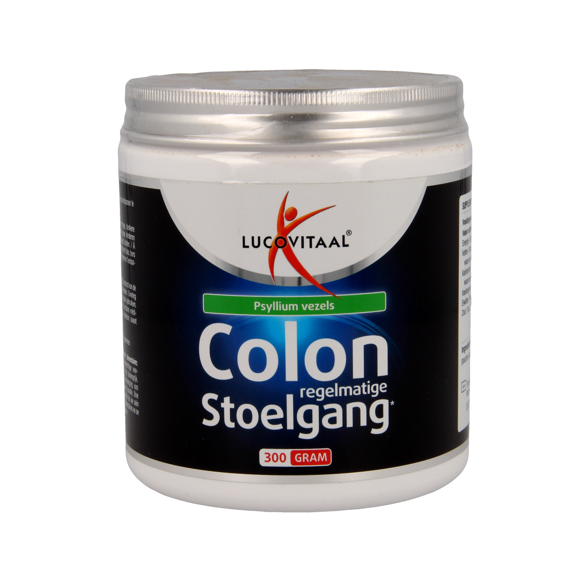 Lucovitaal Colon phyta vezelpoeder in 300g container, dietary fiber and enzyme supplement with natural plant fibers.