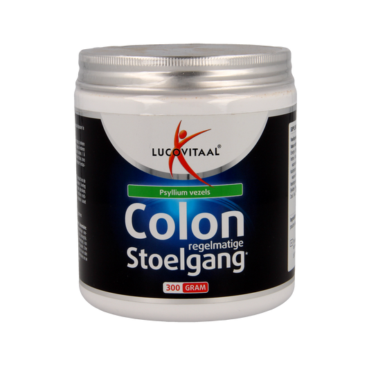 Lucovitaal Colon phyta vezelpoeder in 300g container, dietary fiber and enzyme supplement with natural plant fibers.