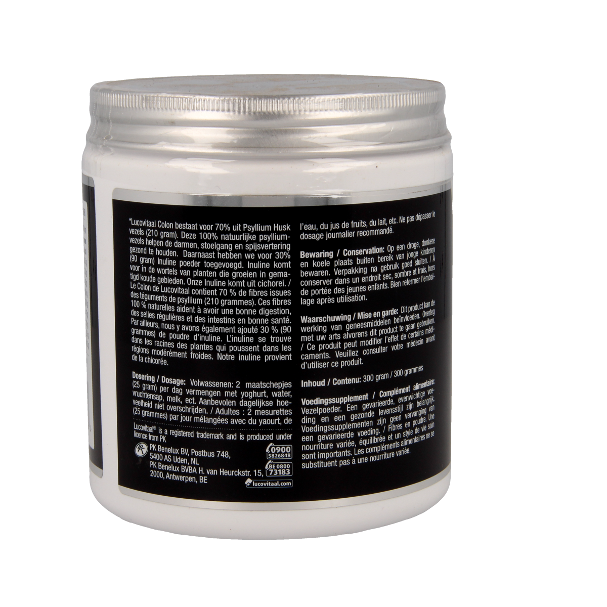 Lucovitaal Colon phyta vezelpoeder in 300g container, featuring fiber and enzyme supplement with natural ingredients.