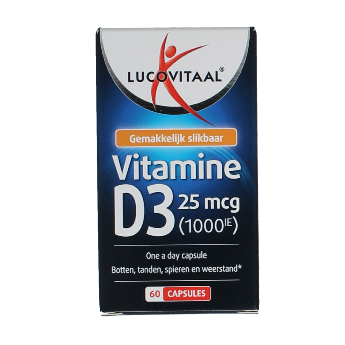 Lucovitaal Vitamine D3 25mcg capsules, dietary supplement for immune support, shown in a clear container with capsules.