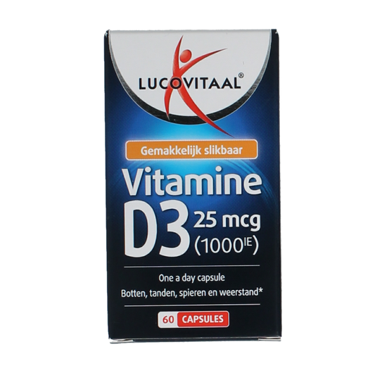 Lucovitaal Vitamine D3 25mcg capsules, dietary supplement for immune support, shown in a clear container with capsules.