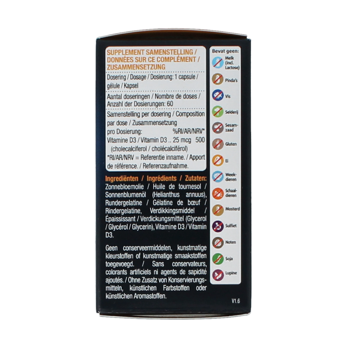 Lucovitaal Vitamine D3 25mcg capsules, dietary supplement with 60 softgel capsules for bone and immune health.