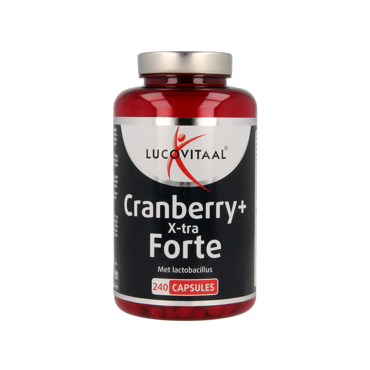 Lucovitaal Cranberry x-tra capsules, herbal supplement in a bottle with white cap and colorful label.