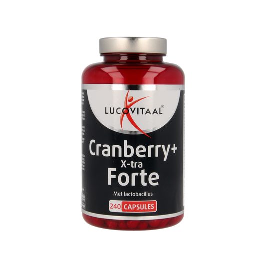 Lucovitaal Cranberry x-tra capsules, herbal supplement in a bottle with white cap and colorful label.