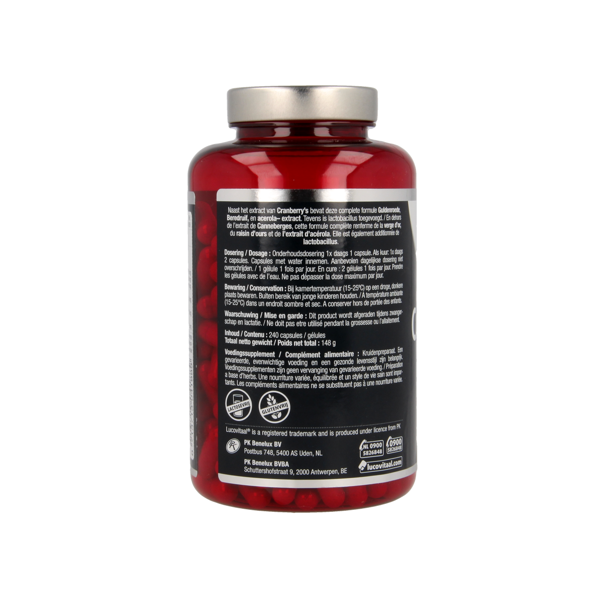 Lucovitaal Cranberry x-tra capsules in a bottle, herbal supplement packaging for urinary health, 240 capsules.