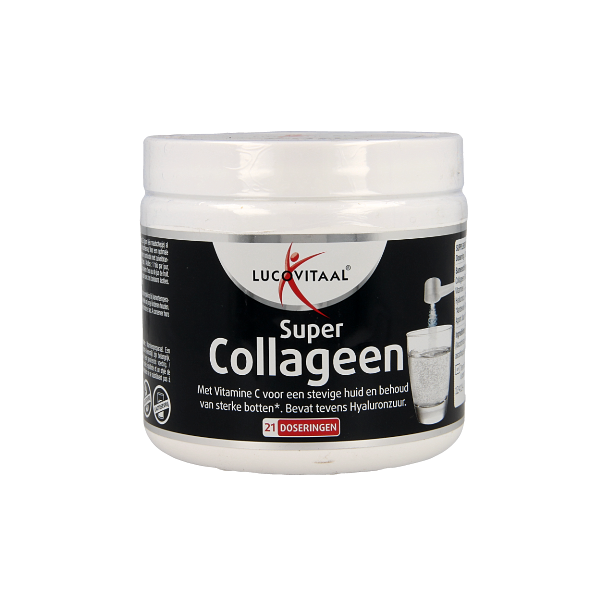 Lucovitaal Super Collageen Beauty Powder in 54.6g package, herbal supplement for skin and hair health, with a white and pink label.