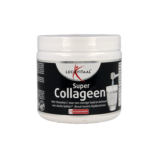 Lucovitaal Super Collageen Beauty Powder in 54.6g package, herbal supplement for skin and hair health, with a white and pink label.