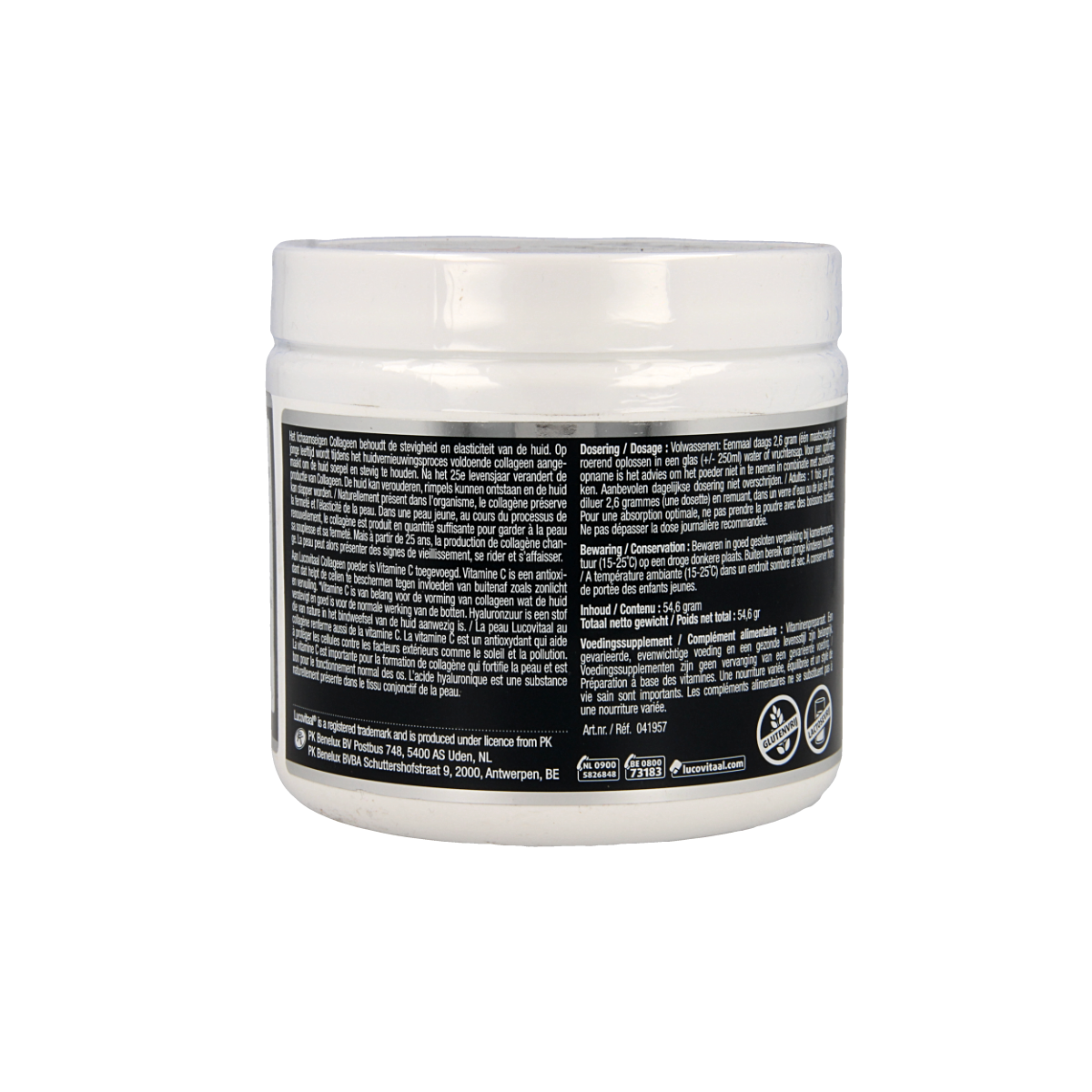 Lucovitaal Super Collageen Beauty powder in a 54.6g package, herbal supplement for skin and hair health, shown in the image.